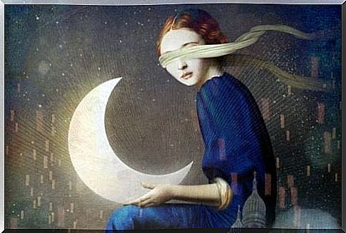 Woman holding moon blindfolded