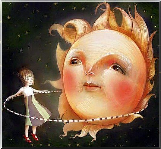 Child playing with a sun that fights against emptiness