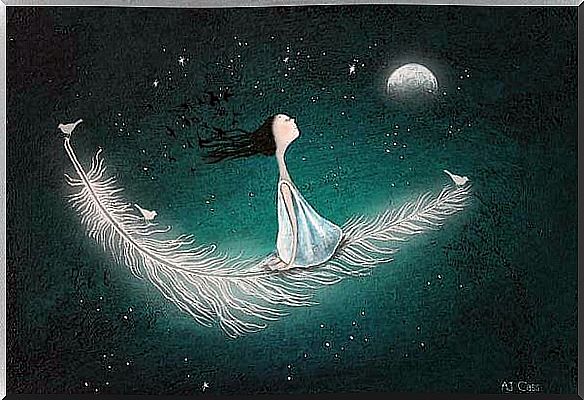 girl flying over feather