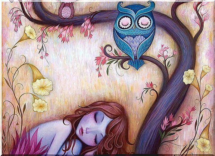 girl sleeping with owl